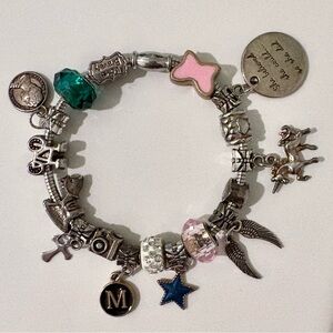 Silver Charm Bracelet with Magnetic Closure, 17 Charms and Beads